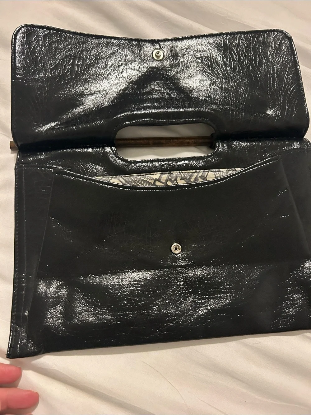 Vintage Sleek Black Patent Leather Clutch with wood Handle